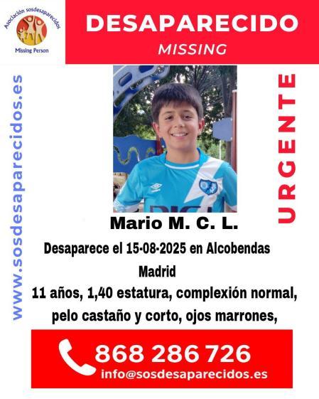 Buscan a Mario, un niño de 11 años desaparecido en Alcobendas (Madrid) hace una semana
